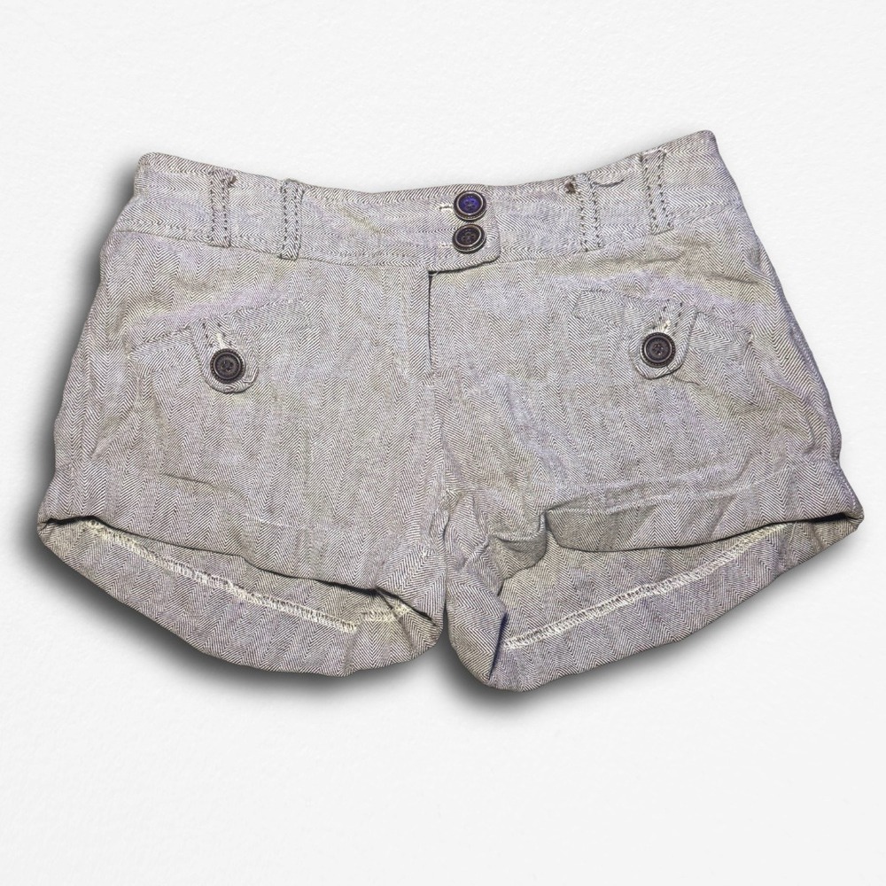 Tan Herringbone Cuffed‎ Shorts Double Button Waist Pockets Neutral Casual